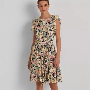 LAUREN RALPH LAUREN Yellow Black Floral Waist Tie Flutter Sleeve Jersey Dress 12
